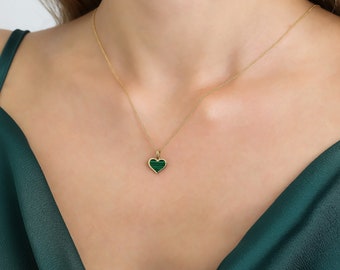 14K Solid Yellow Gold Malachite Heart Necklace, Green Malachite, Heart Pendant, Minimalist Heart Necklace, Heart Charm