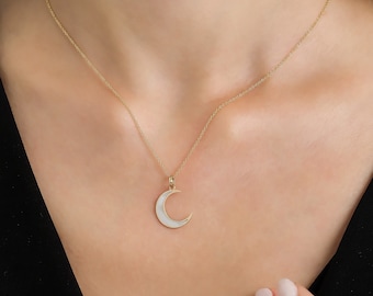 Moon Necklace, 14KSolid Yellow Gold Crescent Moon Necklace, Mother of Pearl Moon Necklace, Moon Pendant
