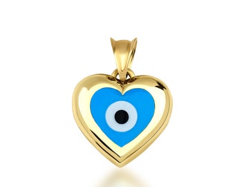 Evil Eye Necklace, 14K Yellow Gold Heart Shape Evil Eye Necklace, Evil Eye Pendant, Heart Necklace, Kabbalah ,Gold Evil Eye