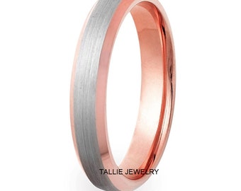 Two Tone Gold Wedding Bands, Satin Finish Beveled Edge Wedding Ring for Men and Women,4mm,10K 14K 18K Solid White and Rose Gold Wedding Band