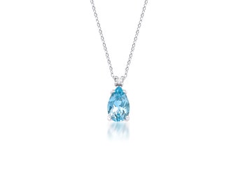 14K White Gold Diamond Solitaire Necklace ,Pear Shape Natural Blue Topaz Necklace ,Gemstone Necklace, November Birthstone, Diamond Necklace