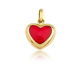 14K Yellow Gold Red Coral Puffed Heart Necklace, Red Coral Puffed Heart Pendant, Heart Charm ,Valentines day Gifts