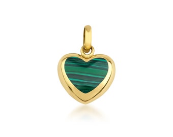 14K Yellow Gold Malachite Puffed Heart Necklace, Green Malachite Puffed Heart Pendant, Heart Charm ,Valentines day Gifts