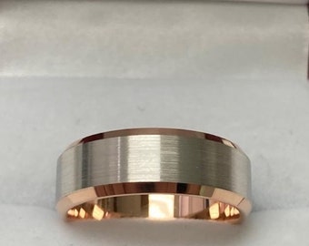 Platinum Mens Wedding Bands, Platinum Mens Wedding Rings, 14K Solid Rose Gold and Platinum Wedding Bands, Two Tone Gold Wedding Rings