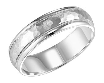 6mm,10K,14K,18K White Gold Wedding Bands, Hammered Finish Milgrain Mens and Womens Wedding Rings, His and Hers Wedding Bands,Rings for Men