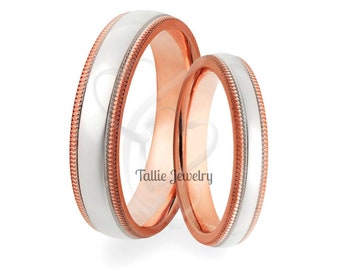 Two Tone Gold Wedding Rings,  His and Hers Wedding Bands, 14K White and Rose Gold  Mens and Womens Wedding Rings