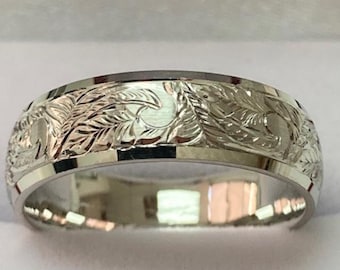 Mens Hand Engraved Wedding Band, Hand Engraved Beveled Edge Mens Wedding Ring, 7mm 10K 14K 18K Solid White Gold Wedding Bands, Comfort Fit