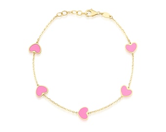 14K Solid Yellow Gold Heart Bracelet, Pink Heart Station Bracelet, Minimalist Heart Bracelet, Heart Charm, Love Bracelet