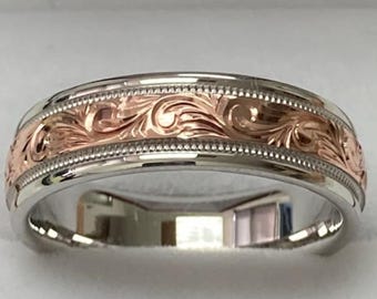 Hand Engraved Two Tone Wedding Band, 6mm 10K 14K 18K Solid White and Rose Gold Mens Wedding Ring, Two Tone Gold Wedding Bands,