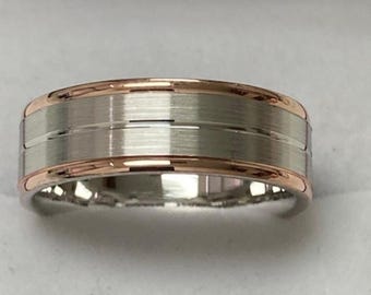 Two Tone Gold Wedding Bands, Satin Finish Mens Wedding Rings, 7mm 10K 14K 18K Solid White and Rose Gold Wedding Bands, Two Tone Wedding Ring