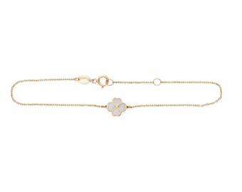 14K Solid Yellow Gold Minimalist Mother of Pearl Four Leaf Bracelet, Small Mother of Pearl Bracelet, Irish Clover Bracelet