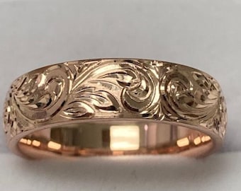 Hand Engraved Wedding Band, Hand Engraved Mens and Womens Wedding Rings, 5mm10K  14K 18K Solid Rose Gold Wedding Band