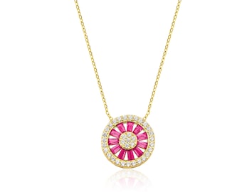 Baguette Ruby Necklace, 14K Solid Yellow Gold Ruby Necklace, Diamond CZ Baguette Ruby Necklace