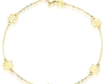14K Solid Yellow Gold Small Daisy Flower Bracelet, Daisy Flower Station Bracelet, Minimalist Daisy Flower Bracelet, Gold Bracelet