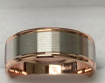 Two Tone Gold Wedding Bands, Mens Wedding Ring, Mens Wedding Band, 8mm 10K 14K 18K Solid White and Rose Gold Wedding Bands