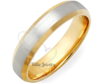 Two Tone Mens Wedding Bands, 5mm 10K 14K 18K Solid White and Yellow Gold Beveled Edge Mens Wedding Rings, Two Tone Gold Wedding Bands