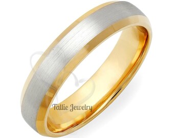 Two Tone Gold Wedding Bands, 5mm 10K 14K 18K White and Yellow Gold Mens Wedding Rings, His & Hers Wedding Rings, Two Tone Gold Wedding Rings