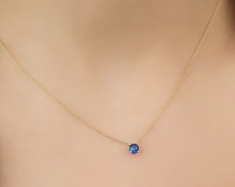 14K Solid Yellow Gold Sapphire Necklace ,5mm Prong Setting Blue Sapphire Solitaire Necklace, September Birthstone, Gemstone, Womens Necklace