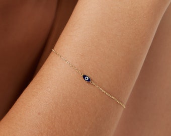 14K Solid Yellow Gold Evil Eye Bracelet,  Minimalist Eye Shape Evil Eye Bracelet, Dainty Evil Eye Bracelet, Gold Evil Eye, Gifts for Her