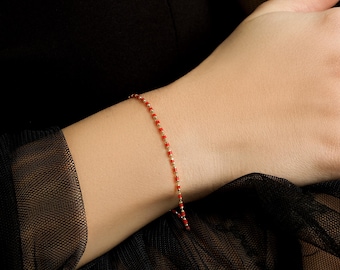 14K Solid Yellow Gold Beaded Bracelet, Red Enamel Beaded Bracelet, Gold Bracelet
