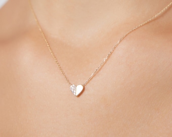 Small Heart Necklace, 14K Solid Yellow Gold Diamond Heart Necklace, Minimalist Heart Necklace, Dainty Heart Necklace, Diamond Necklace