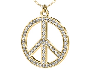 14K Solid Yellow Gold Peace Sign Necklace, 0.50 Carat Natural Diamond Peace Sign Necklace, Diamond Necklace, Peace Sign Pendant