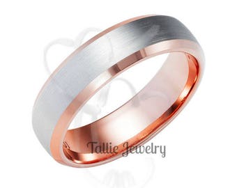 Two Tone Gold Wedding Bands, Satin Finish Beveled Edge Mens and Womens Wedding Rings, 6mm 14K White and Rose Gold Wedding Bands, Comfort Fit
