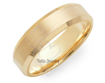 Yellow Gold Mens Wedding Band, Beveled Edge Mens Wedding Ring, 6mm 10K 14K 18K Solid Yellow Gold Wedding Bands, Comfort Fit, Satin Finish