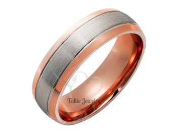 Two Tone Gold Wedding Bands, Satin Finish Mens and Womens Wedding Rings, 6mm 14K Solid White and Rose Gold Wedding Bands, Rings for Men