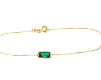 Baguette Emerald Bracelet, 14K Solid Yellow Gold Emerald Bracelet, Green Emerald, Gemstone, May Birthstone, Gold Bracelet