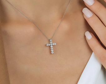 14K Solid White Gold Diamond Cross Necklace, 0.55 Carat Natural Diamond Cross Necklace,  Cross Pendant, Baptism Gifts, Diamond Necklace
