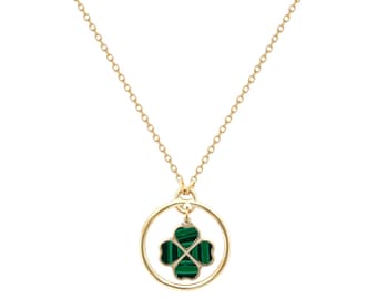 14K Solid  Yellow Gold Malachite Four Leaf Clover Necklace, Minimalist Malachite Clover Necklace, Lucky Charm, Irish Clover Necklace