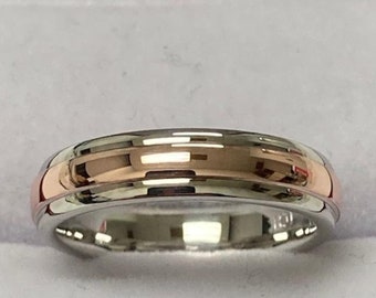 4mm 10K 14K 18K Solid White and Rose Gold Wedding Bands, Plain Dome Mens and Womens Wedding Rings, Two Tone Gold Wedding Bands, Comfort Fit