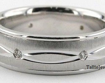 Mens White Gold Wedding Bands, Brushed Finish Diamond Mens Wedding Rings, 7mm 10K 14K 18K Solid White Gold Mens Wedding Bands