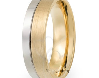 Two Tone Gold Mens Wedding Rings, 6mm 10K 14K 18K White and Yellow Gold Flat Mens Wedding Bands, Two Tone Gold Rings