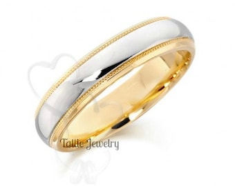 Two Tone Wedding Bands, 5mm 10K 14K 18K Solid White and Yellow Gold Shiny Finish Mens and Womens Wedding Rings, Two Tone Gold Wedding Bands