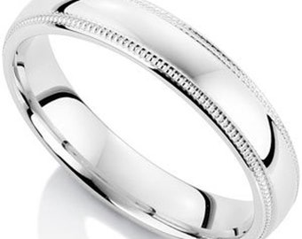 4mm 10K 14K 18K Solid White Gold Wedding Band, Classic Dome Milgrain Mena and Womens  Wedding Band Ring ,Plain Wedding Bands Rings, Polished
