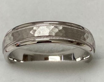 5mm 10K 14K 18K Solid White Gold Mens Wedding Bands, Milgrain Hammered Finish Mens Wedding Rings, Rings for Men, Ring for Women