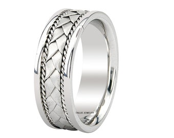 Mens White Gold Wedding Bands, Handmade Braided Mens Wedding Rings, 7mm 10K 14K 18K Solid White Gold Mens Wedding Band