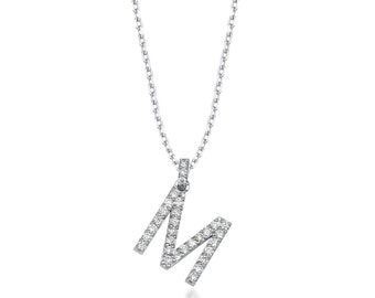 14K White Gold 0.45 Carat Lab Grown Diamond Letter Necklace, Diamond Necklace , Initial Pendant, Letter M Necklace