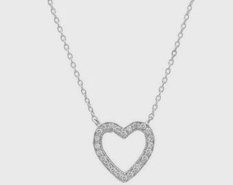 14K Solid White Gold Diamond Heart Necklace, Natural Diamond Open Heart Necklace