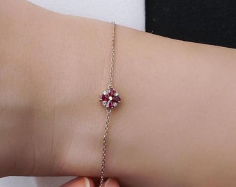 Ruby Bracelet, 14K Yellow Gold Ruby and Diamond Bracelet, Pear Shape Ruby Bracelet, Diamond Bracelet, Cluster Bracelet, Gemstone