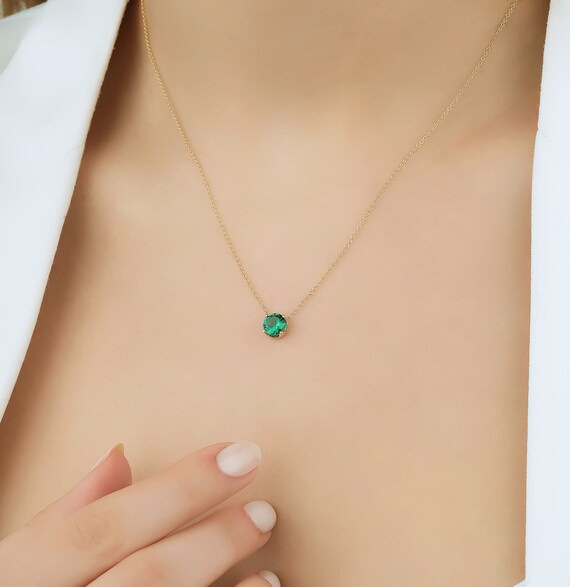14K Solid Yellow Gold Emerald Necklace 