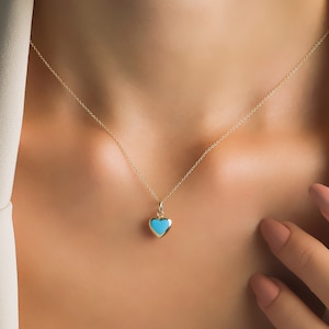 Turquoise Heart Necklace, 14K Yellow Gold Heart Necklace, Small Puffed Heart Necklace, Minimalist Heart Necklace, Turquoise  Heart Pendant