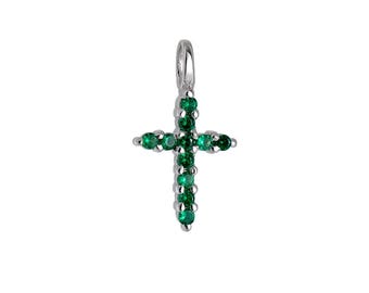 14K Solid White Gold Emerald Cross Necklace, Emerald Cross Pendant ,Minimalist Cross Necklace, Cross Pendant, Green Emerald, Baptism Gift