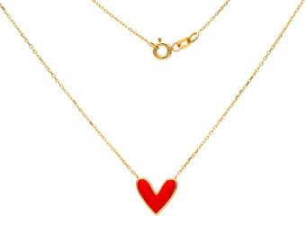 Heart Necklace, 14K Solid Yellow Gold Enamel Heart Necklace, Red Enamel Heart Necklace, Gold Heart Necklace, Minimalist Heart Necklace