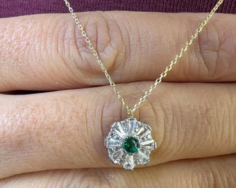 Emerald Necklace, 14K Solid Yellow Gold Baguette Diamond Solitaire Necklace, Dainty Emerald Necklace, May Birthstone, Round Gold Necklace
