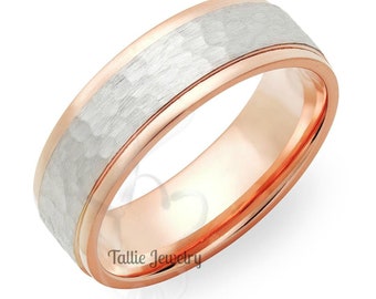 Hammered Finish Two Tone Gold Wedding Bands, 7mm 14K White and Rose Gold Mens Wedding Ring,  Mens wedding Bands, Two Tone Gold Wedding Rings