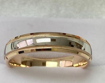 Platinum Wedding Bands,18K Solid Yellow Gold and Platinum Wedding Band ,Shiny Finish Milgrain Dome Mens and Womens Platinum Wedding Rings