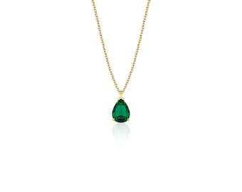 Emerald Solitaire Necklace, 14K Solid Yellow Gold Emerald Necklace, Pear Shape Emerald Necklace, May Birthstone, Green Emerald, Gemstone